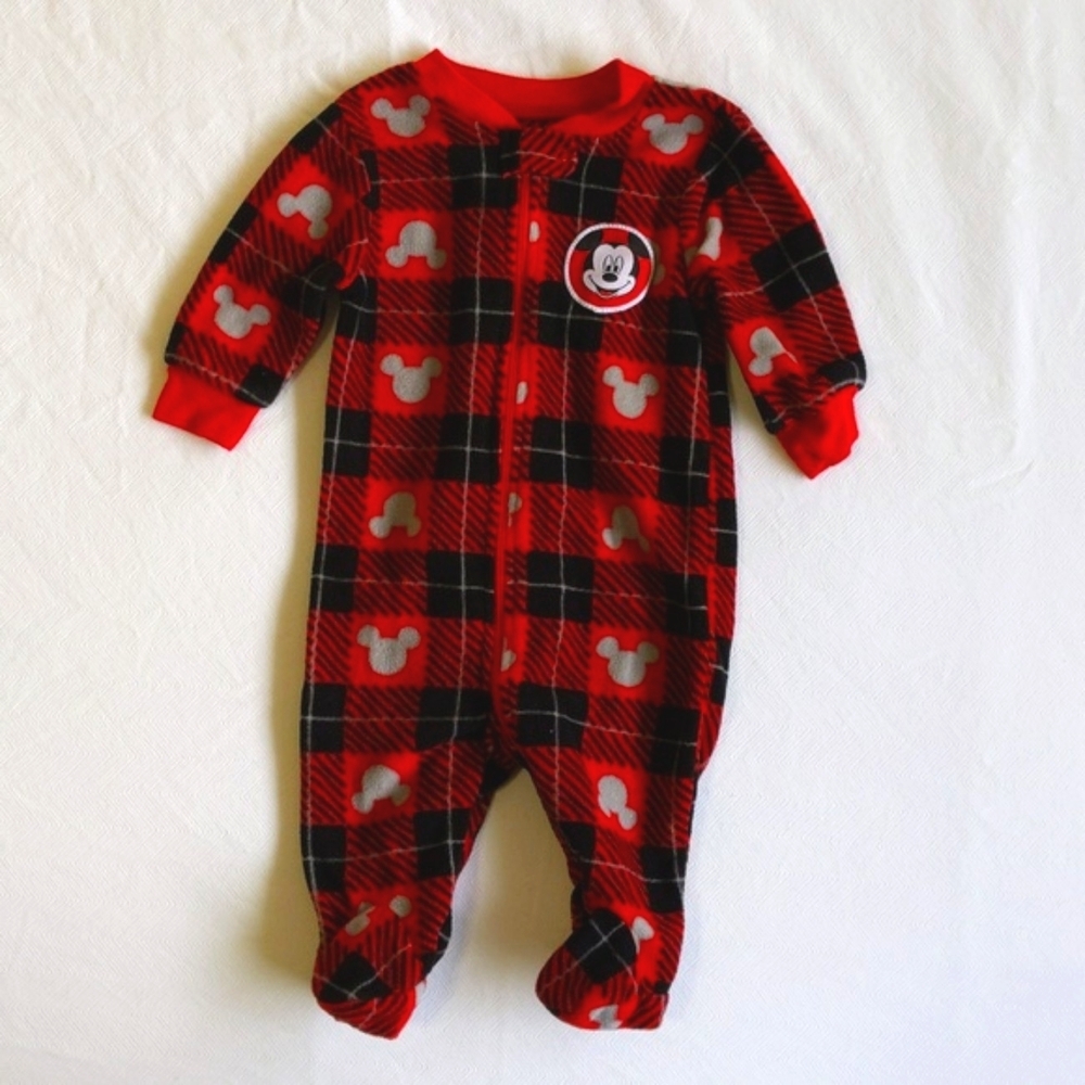 disney mickey mouse plaid fleece zipper footie sleeper pajamas 0-3 months baby